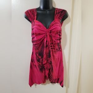 Pretty Woman Pink Print Top w Built-In Bra & Asymmetrical Hem | M |